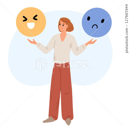 Woman tries keep balance of emotions and control moods from joy to sadness. Bipolar feelings. Happy or upset face expressions. Positive or negative mind. Hormonal change. Vector concept Woman tries keep balance of emotions and control moods from joy to sadness. Bipolar feelings. Happy or upset face expressions. Positive or negative mind. Hormonal change. Vector concept 127665944