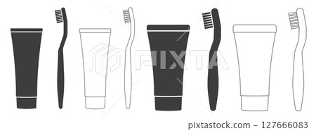 Toothbrush and toothpaste silhouette icon symbol shape. Editable stroke line icons. Dental care tooth brush logo sign. Vector illustration image. Isolated on white background. Toothbrush and toothpaste silhouette icon symbol shape. Editable stroke line icons. Dental care tooth brush logo sign. Vector illustration image. Isolated on white background. 127666083