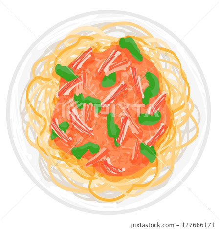 Top view of creamy crab and tomato pasta Top view of creamy crab and tomato pasta 127666171