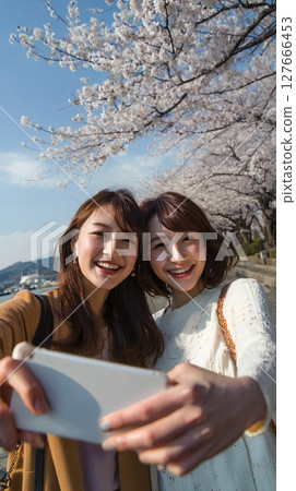 Women looking at their smartphones in front of cherry blossoms 127666453
