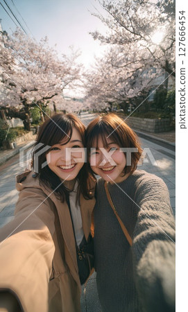 The two of them taking a commemorative photo in front of the cherry blossoms 127666454