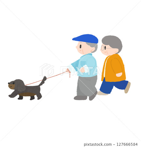 A deformed color illustration of an elderly couple walking their dog A deformed color illustration of an elderly couple walking their dog 127666584