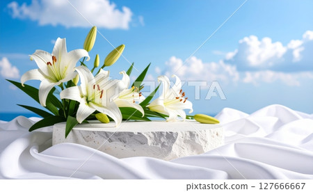 podium white stone with lily flowers, background blue sky podium white stone with lily flowers, background blue sky 127666667