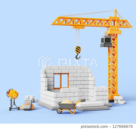 3d construction site with unfinished block house and tower crane. Building work with concrete mixer, cement bag, stacks of brick, wheelbarrow with sand pile on blue bg, Cartoon render. 3D illustration 127666678