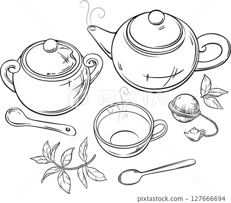 Cup of Tea, Teapot and Sugar Bowl Outline Illustration. 127666694
