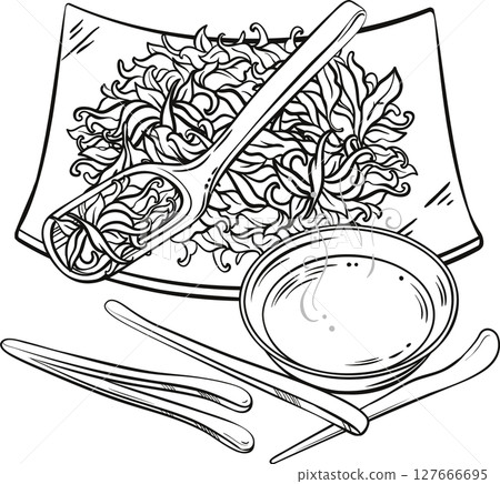 Dry Tea and Tea Bowl Isolated Outline Illustration Dry Tea and Tea Bowl Isolated Outline Illustration 127666695