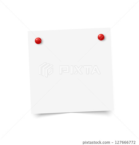 Realistic blank sticky note pinned with a red pushpin, white background, subtle shadow for a clean and minimal look. 127666772