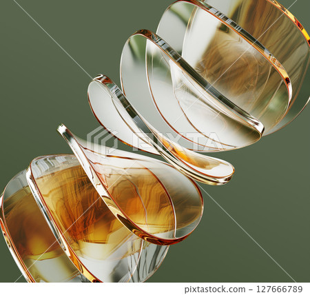Abstract green 3d background with gold glass curve wave circle shapes render. Golden clear round discs, transparent plates with refraction of light prism, lens flare and motion effect. 3D illustration Abstract green 3d background with gold glass curve wave circle shapes render. Golden clear round discs, transparent plates with refraction of light prism, lens flare and motion effect. 3D illustration 127666789