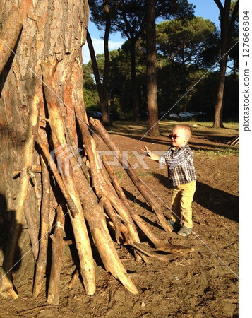 Child Building Leaning Sticks Against a Tree 127666804