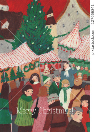 Christmas card with illustration of a German Christmas market drawn with oil pastels Christmas card with illustration of a German Christmas market drawn with oil pastels 127666841