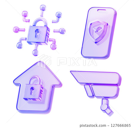 3d glass holographic cyber security icon set render. Gradient crystal padlock logo, mobile phone with shield, house with lock, cctv camera. Privacy data protection, safety technology. 3D illustration 127666865