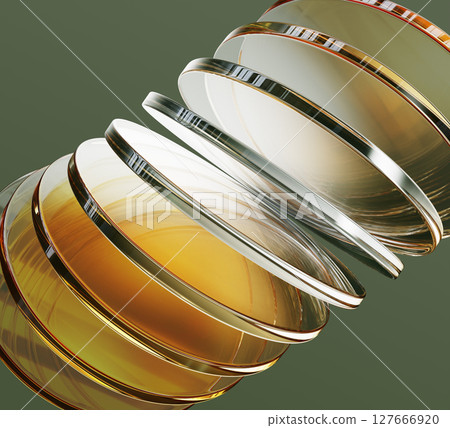3d green background with gold glass circular discs row. Abstract diagonal line pattern. Golden crystal plates, geometric transparent shape with light yellow gradient and motion effect. 3D illustration 127666920