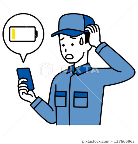 一名身穿工作服的男子因智慧型手機沒電而遇到麻煩 127666962