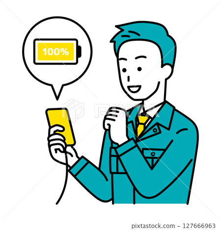 一名男性員工的智慧型手機電池已充滿電 127666963