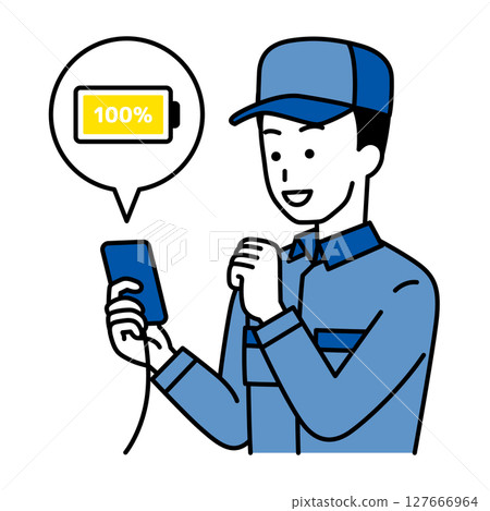一名身穿工作服的男子，他的智慧型手機電池已充滿電 127666964