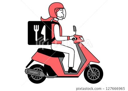 A young woman delivering food on a moped A young woman delivering food on a moped 127666965