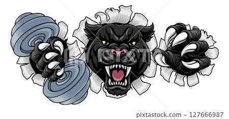 Black Panther Jaguar Weight Lifting Gym Mascot Black Panther Jaguar Weight Lifting Gym Mascot 127666987
