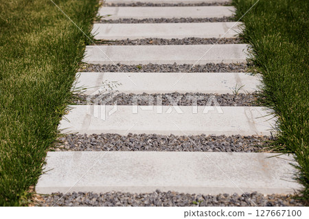 Modern Stepping Stone Pathway with Gravel Joints, Lush Green Grass, Outdoor Landscape Design, Contemporary Garden Walkway, Neutral Colors, Clean Aesthetic 127667100