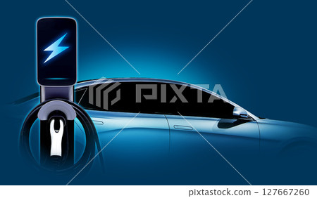 Concept of Power cable pump plug in charging power to electric vehicle EV car with icon save the world. Concept of Power cable pump plug in charging power to electric vehicle EV car with icon save the world. 127667260