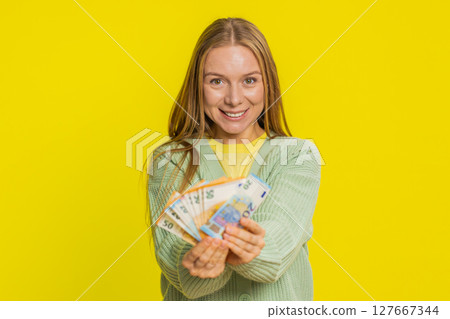 Excited happy business woman holding fan of euro cash celebrate success big income, wealth, salary Excited happy business woman holding fan of euro cash celebrate success big income, wealth, salary 127667344