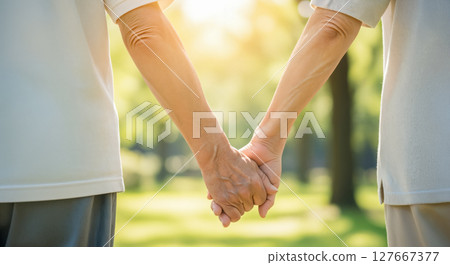 Close-up of an elderly couple holding hands Close-up of an elderly couple holding hands 127667377