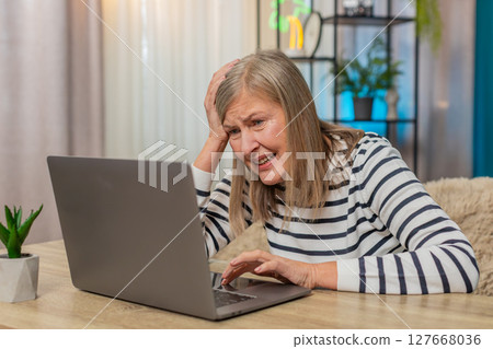 Mature woman on table at home experiencing system crash error virus on laptop, frustrated, stress Mature woman on table at home experiencing system crash error virus on laptop, frustrated, stress 127668036