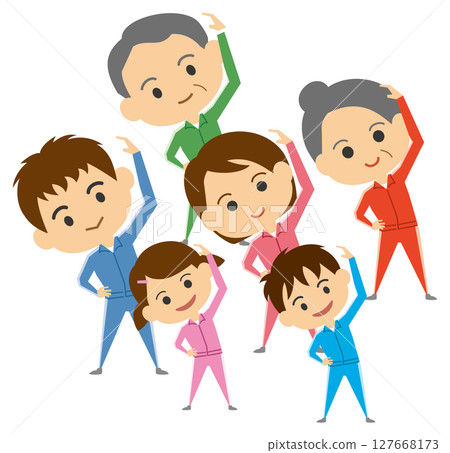 Illustration of a three-generation family doing warm-up exercises 127668173