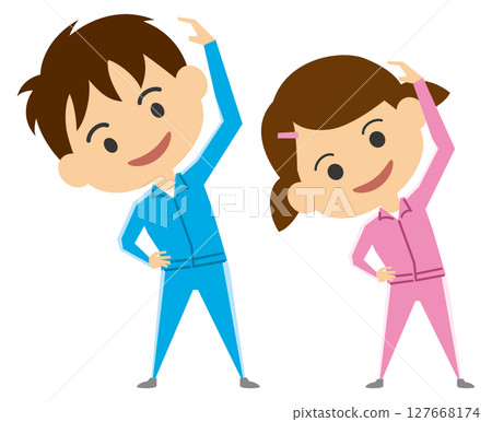 Illustration of elementary school students doing warm-up exercises Illustration of elementary school students doing warm-up exercises 127668174