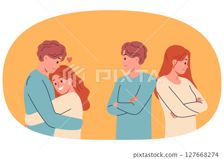 Offended couple experiences disagreements after family quarrel and hugs to restore relations 127668274