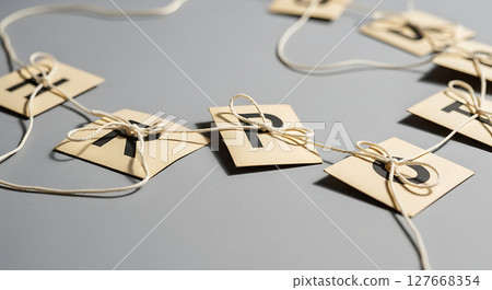 Letters on cardboard squares connected by twine on a surface, featuring the characters "HPY" and "D". Shadows create a playful look with intertwined forms and neutral tones 127668354