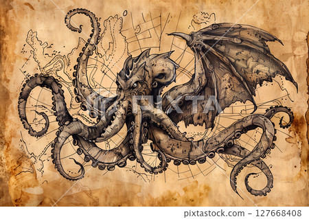 Vintage Cthulhu illustrations - Mythical monsters and ancient maps combined 127668408