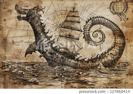 An ancient sea serpent that rules the seas - a vintage-style illustration of a sea serpent encountering a sailing ship 127668414