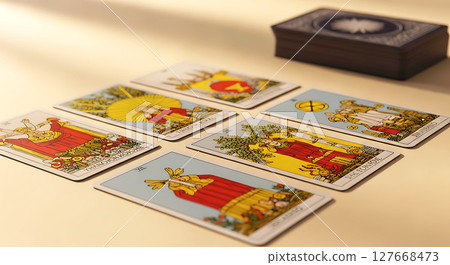 Six tarot cards are laid out in two rows on a surface, with intricate designs and symbols. Light creates soft shadows. A deck is partially visible in the background to the right Six tarot cards are laid out in two rows on a surface, with intricate designs and symbols. Light creates soft shadows. A deck is partially visible in the background to the right 127668473