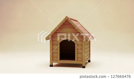 Wooden pet house with a triangular roof and open front entry. Raised off the ground with small legs at each corner. Light brown color with darker shading inside entryway 127668476
