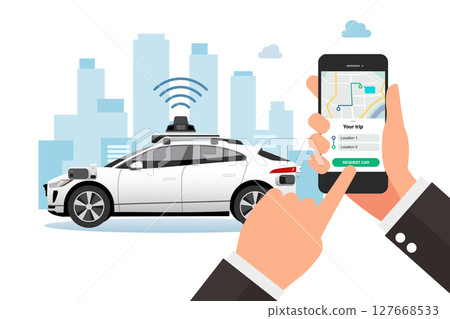 Man booking self driving car by application on smartphone. Man booking self driving car by application on smartphone. 127668533