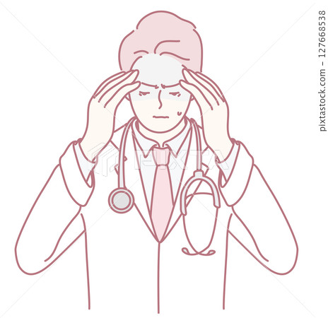 An illustration of a doctor experiencing a headache, depicted in a minimalist artistic style 127668538