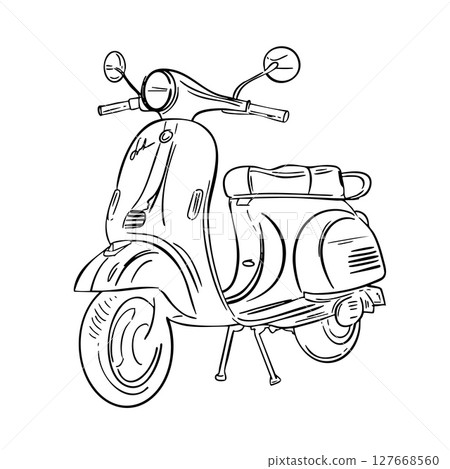 Retro scooter hand drawn ink line art, moped engraved vector illustration isolated on white. Italy summer concept 127668560