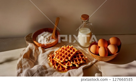 Rustic flat lay of waffles, flour, eggs, and milk styled with natural wood and linen for wholesome breakfast, baking recipes, or cozy kitchen scenes 127668585