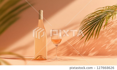 Rose wine bottle and glass with tropical palm shadows in sunlight, ideal for summer drink promotions, elegant beverage branding, and lifestyle content 127668626