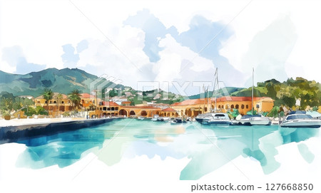 Nelson Dockyard. Nelson Dockyard hand drawn watercolor illustration 127668850