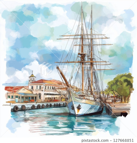 Nelson Dockyard. Nelson Dockyard hand drawn watercolor illustration 127668851