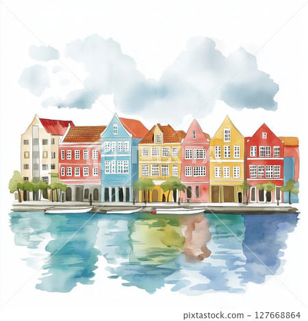Willemstad. Willemstad hand drawn watercolor illustration 127668864