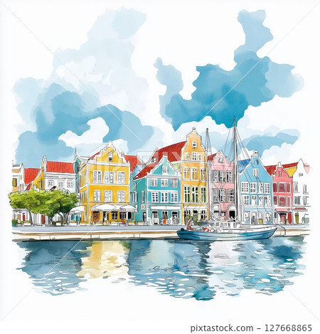 Willemstad. Willemstad hand drawn watercolor illustration Willemstad. Willemstad hand drawn watercolor illustration 127668865