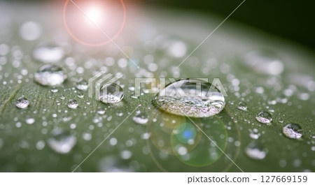 樹葉上的水滴和柔和的早晨陽光令人印象深刻。 127669159