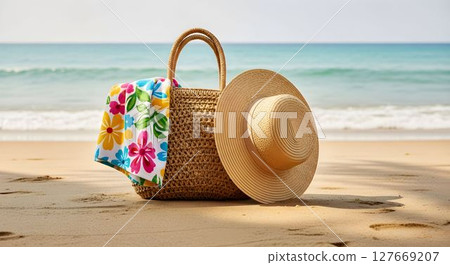 Summer beach essentials with a straw hat and colorful towel resting on golden sand by the ocean 127669207