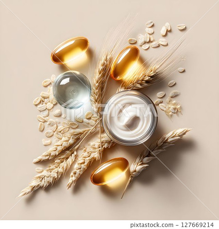 Natural skincare ingredients featuring cream, oils, oats, and wheat arranged aesthetically on beige background 127669214