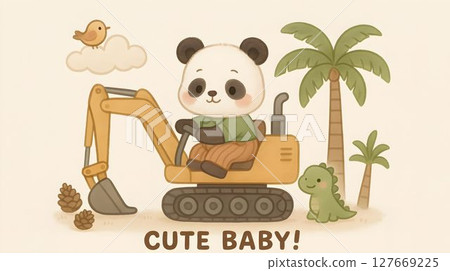 Cute baby panda operating a small excavator with cheerful animal friends in a sunny landscape setting 127669225
