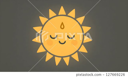 Cheerful sun with closed eyes and smiling face against a muted background Cheerful sun with closed eyes and smiling face against a muted background 127669226