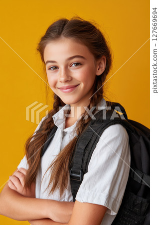 Portrait of a kid smiling back to school on yellow background 127669694