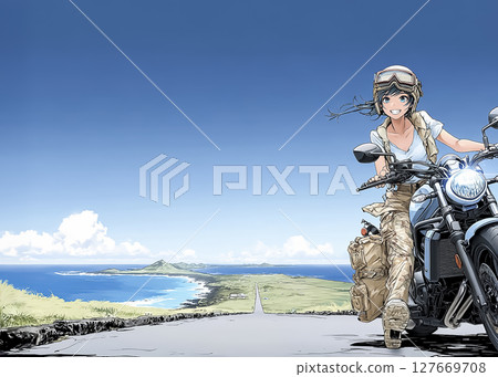 一位女士騎著大型巡洋艦自行車去看海的插圖素材 127669708